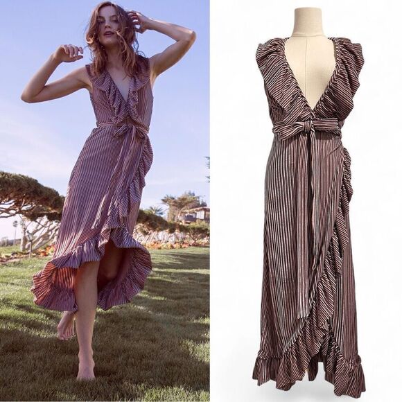 MISA Stripe Velvet Ruffle Wrap Midi ‘EVE’ Dress M Plunged V Neck Fairy Romantic - Picture 1 of 14